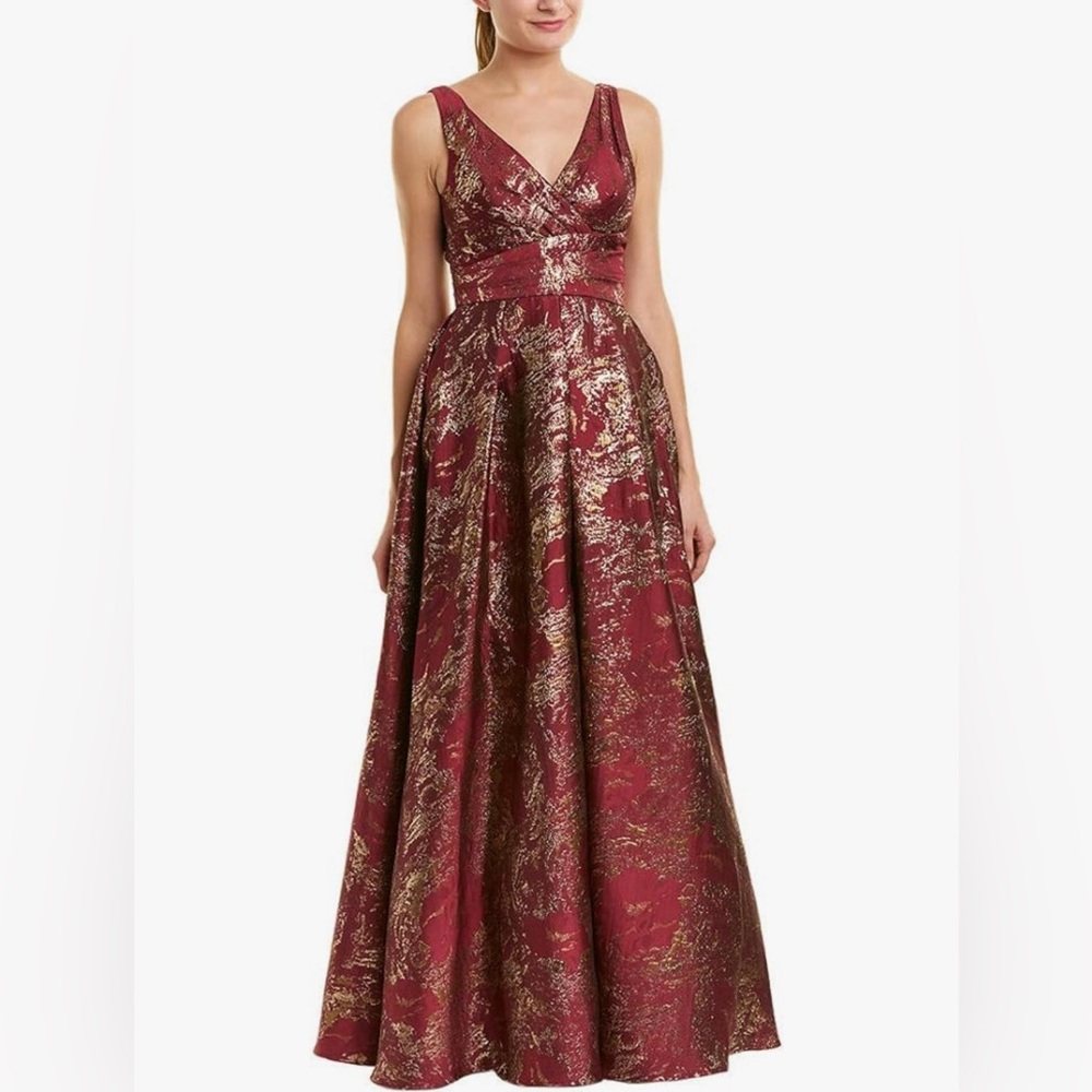 Carmen Marc Valvo Metallic Brocade Cross Front Ballgown with Pockets, Cran/Gold